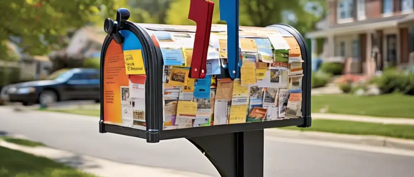 An overflowing mailbox filled with various postcards, flyers, and mail, with red and blue flags raised, on a suburban street.