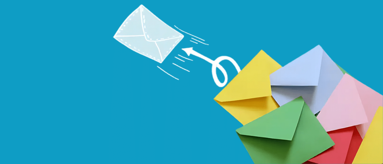 Precision Direct Mail Outreach for Legal Client Acquisition A stack of colorful envelopes on the right with a white outlined mail icon and arrow flying across a blue background, symbolizing direct mail for legal client acquisition.