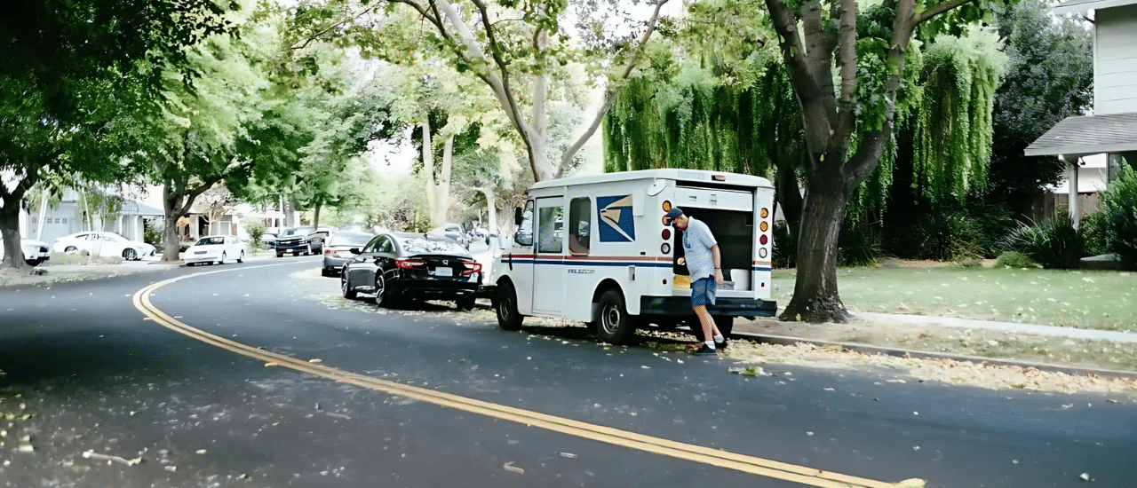 A USPS mail carrier standing by a mail truck on a tree-lined residential street, delivering direct mail across the country.