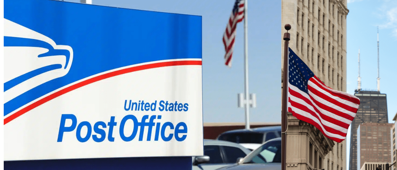 A split image featuring a United States Post Office sign on the left and an American flag flying in front of city buildings on the right, symbolizing official communication, trust, and national reach in legal direct mail advertising.