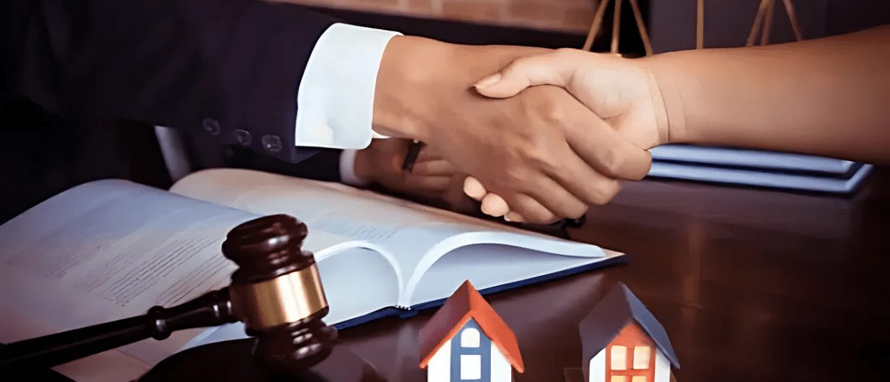 Legal Client Acquisition Handshake and Agreement Two people shaking hands over an open law book, a gavel, miniature house models, and scales of justice, symbolizing legal client acquisition and agreements for law firms.