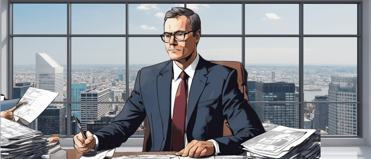 A distinguished male lawyer or tax professional wearing glasses and a suit, sitting at a desk with stacks of documents, overlooking a city skyline, symbolizing expertise in tax law and client outreach.