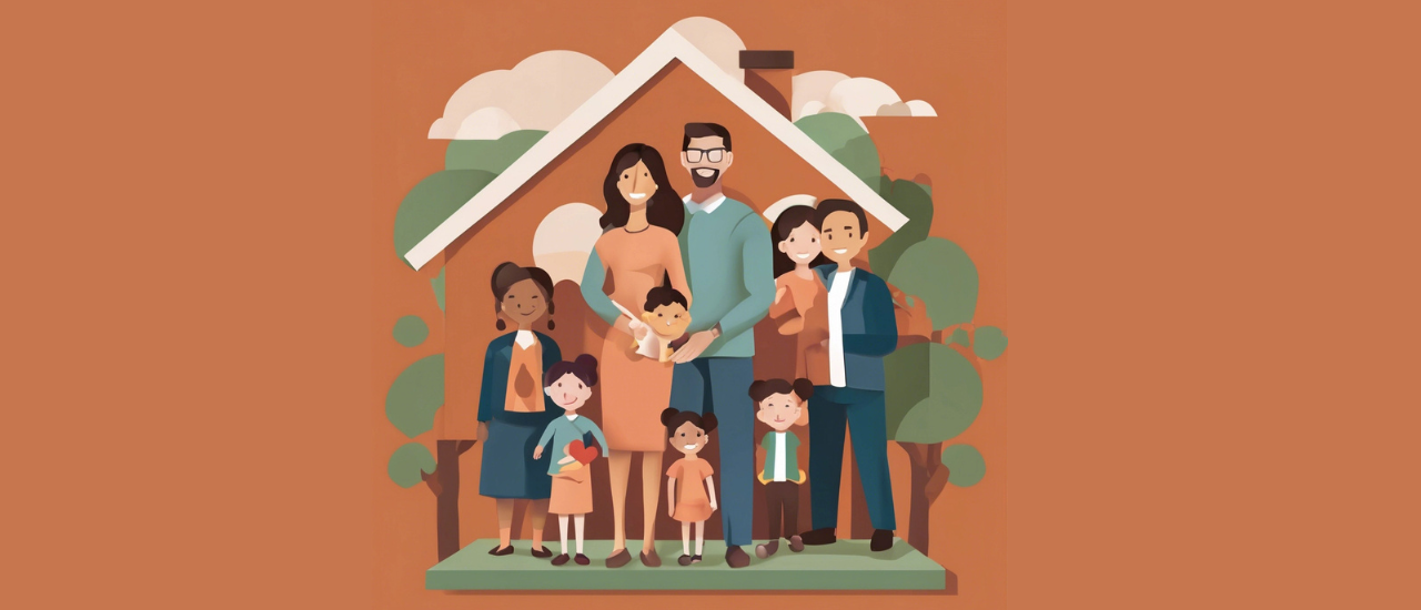 Illustration of a large diverse family standing together in front of a house outline, symbolizing family law, new beginnings, and transitions for homeowners.