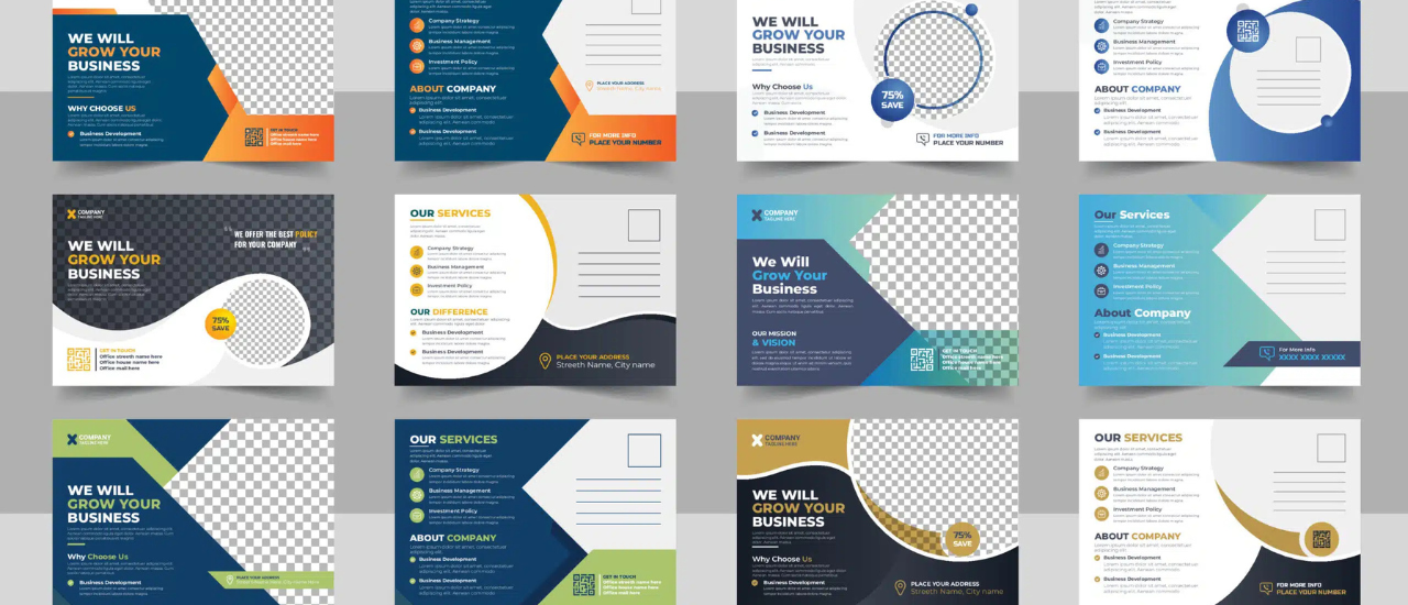 A collage of modern direct mail postcard designs featuring business growth, services, and company information templates, suitable for reaching new homeowners.